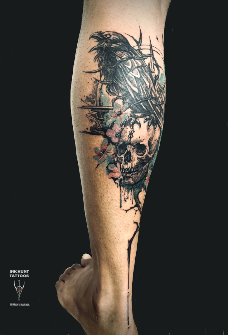 Blackwork raven and skull tattoo