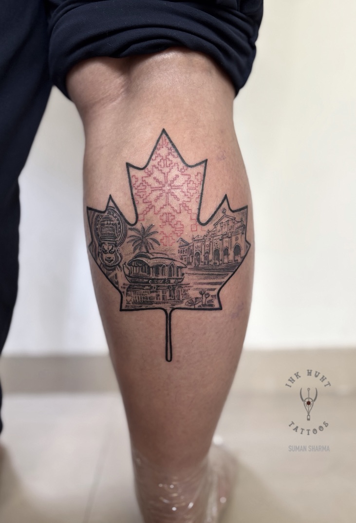 Illustrative maple leaf travel tattoo