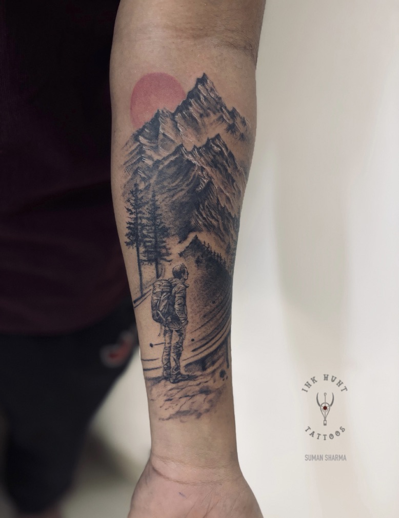 Illustrative mountain adventure tattoo