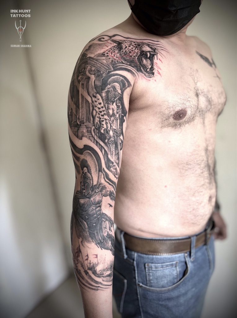 Realism warrior sleeve tattoo